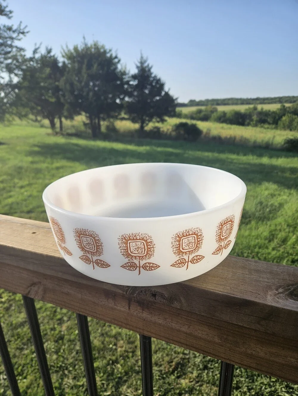 🌻 Vintage Federal Glass Brown Sunflower Mixing Bowl - 3.5 Qt,  Farmhouse Cottag